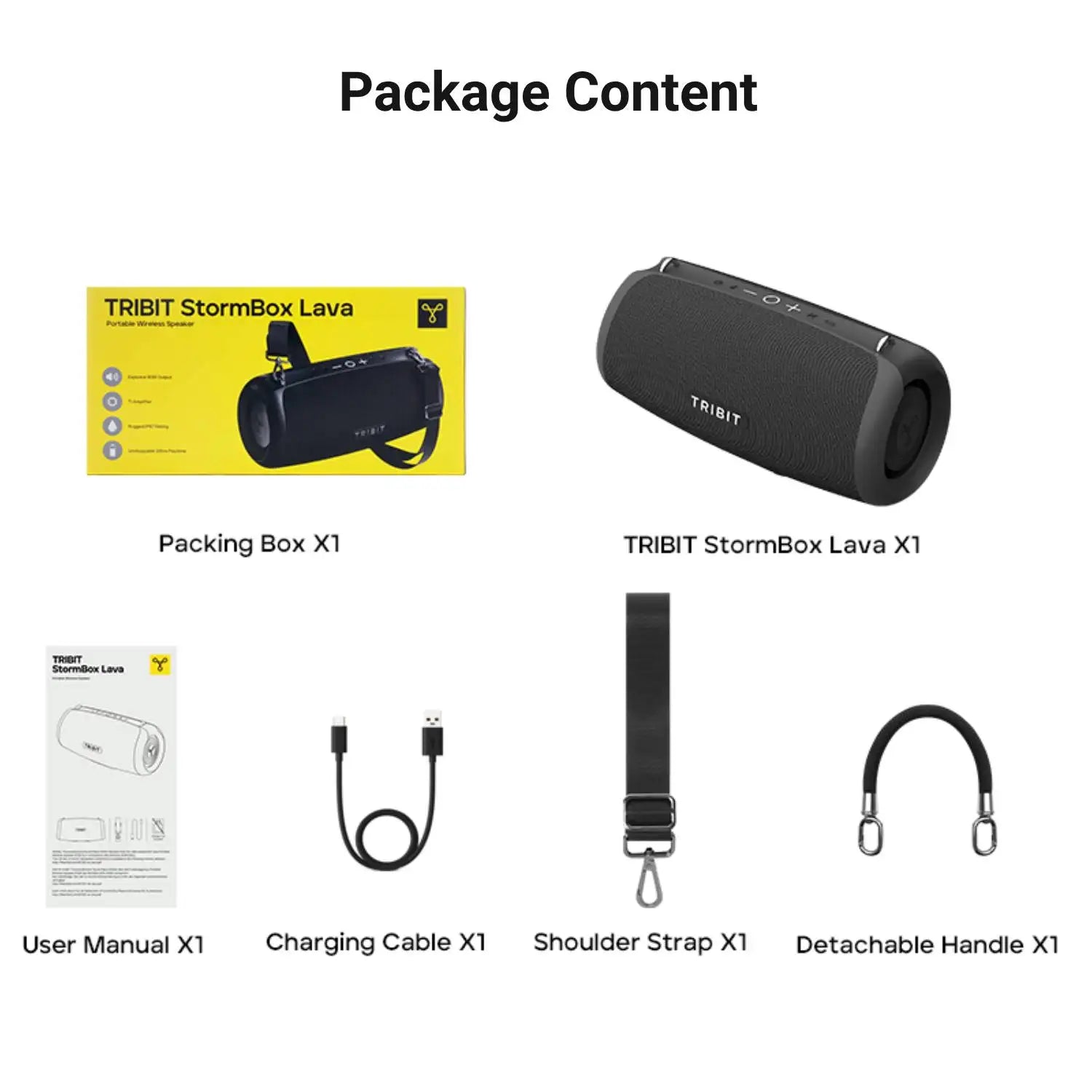 Enceinte Bluetooth portable TRIBIT StormBox Lava 80W avec batterie externe intégrée, contrôle via application, étanche IP67, idéale pour les activités de plein air, le camping et les fêtes.