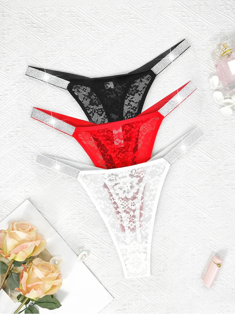 Lot de 3 strings sexy en dentelle pour femme, culottes fleuries transparentes, taille basse, deux ceintures brillantes, string confortable, lingerie intime