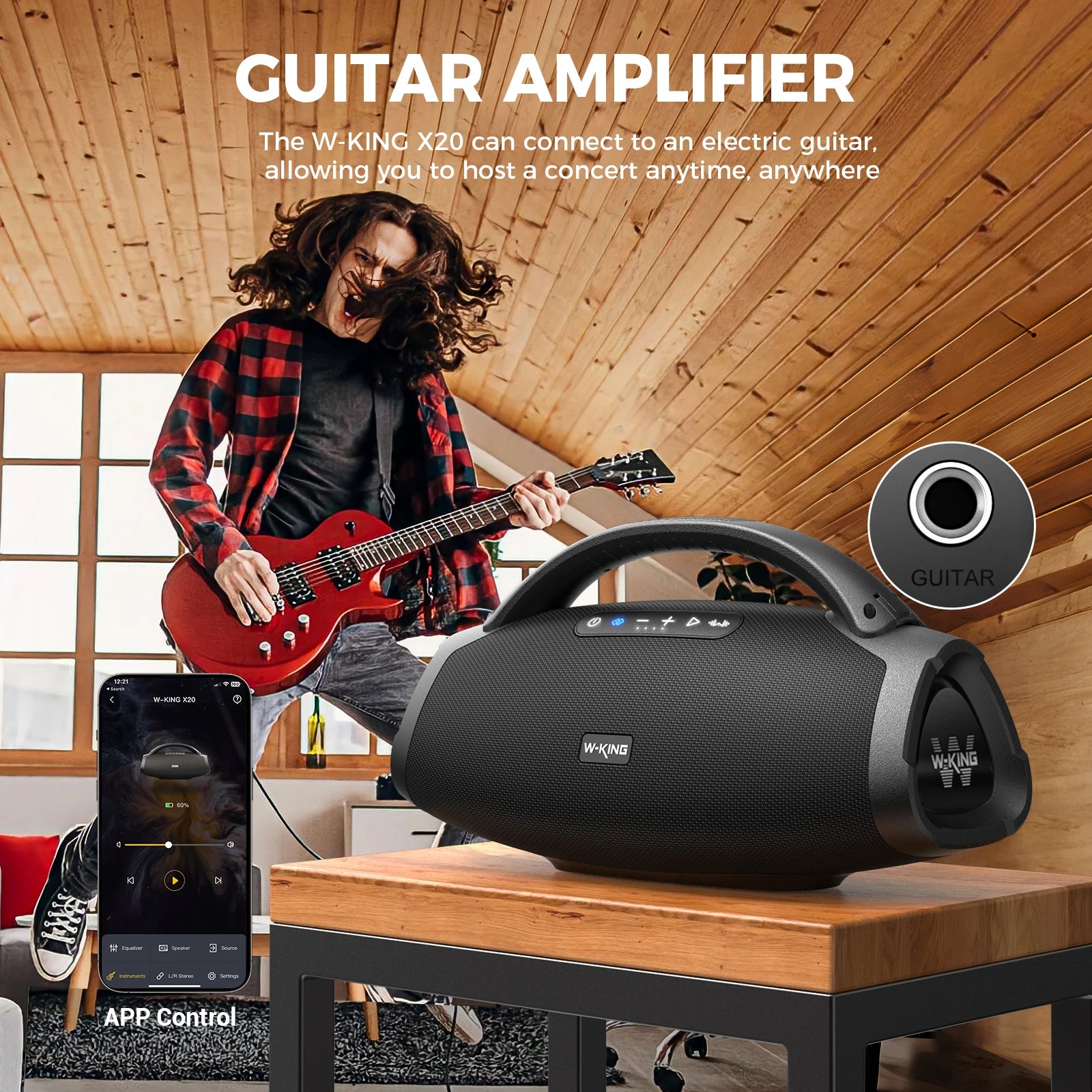 Enceinte Bluetooth portable W-KING 200 W RMS, boombox de fête aux basses puissantes, enceinte étanche IPX7, grande enceinte puissante pour l'extérieur