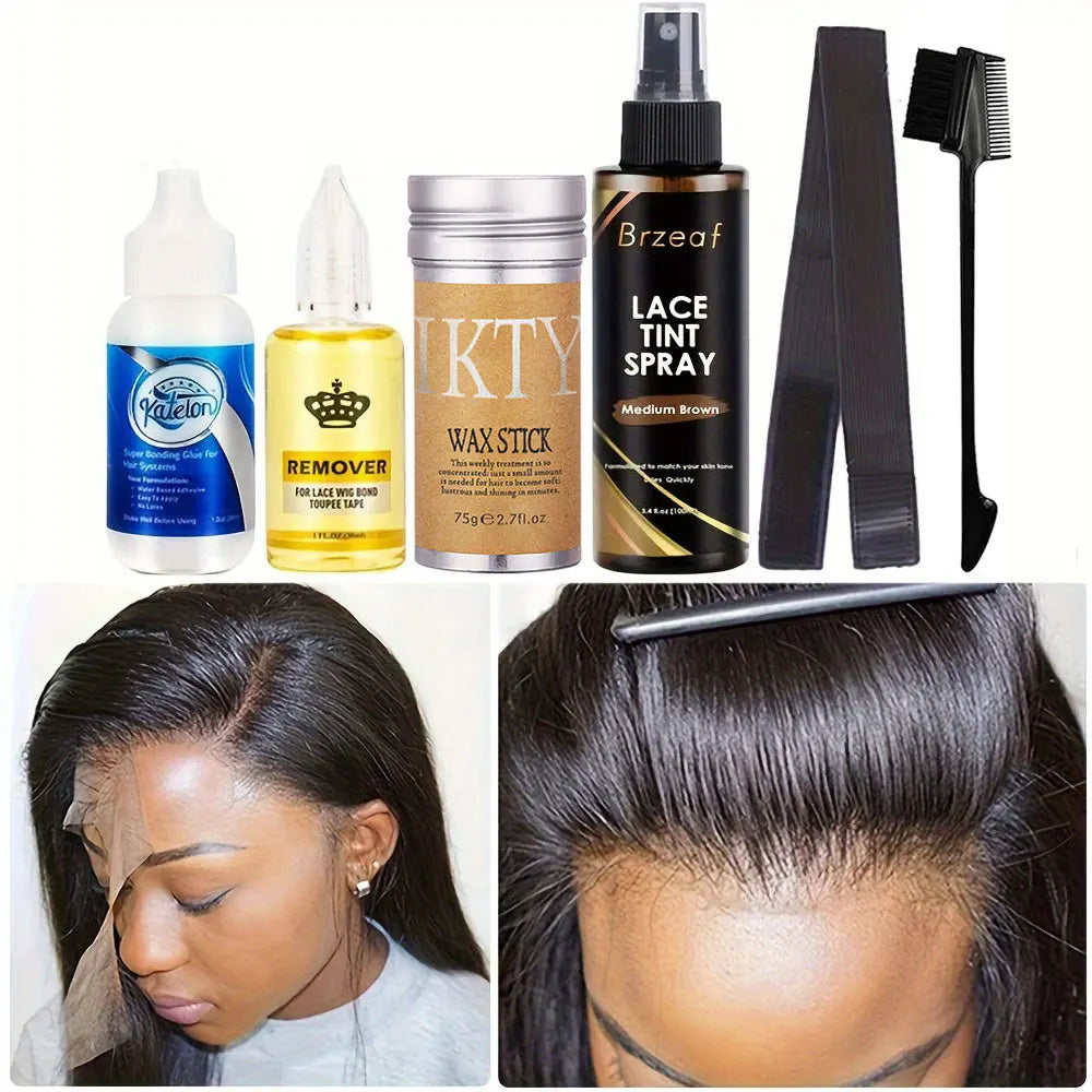 Colle imperméable pour perruques à lace front, 38 ml, colle liquide adhésive pour cheveux, bâtonnet de cire pour perruque, spray colorant pour dentelle, bande élastique fondante