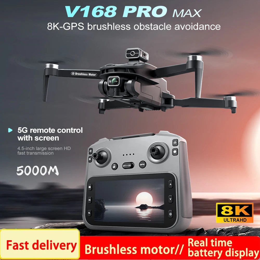 Drone GPS V168 Pro MAX 2025 avec caméra HD 8K professionnelle, Wi-Fi 5G, FPV, détection d'obstacles à 360°, moteur brushless, grand écran, quadricoptère radiocommandé