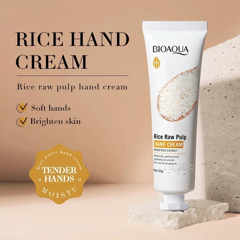 Crema de manos de arroz voluminizadora, rejuvenecedora, nutritiva, hidratante y refrescante. Crema de manos no grasa para el cuidado de las manos. 30 g.