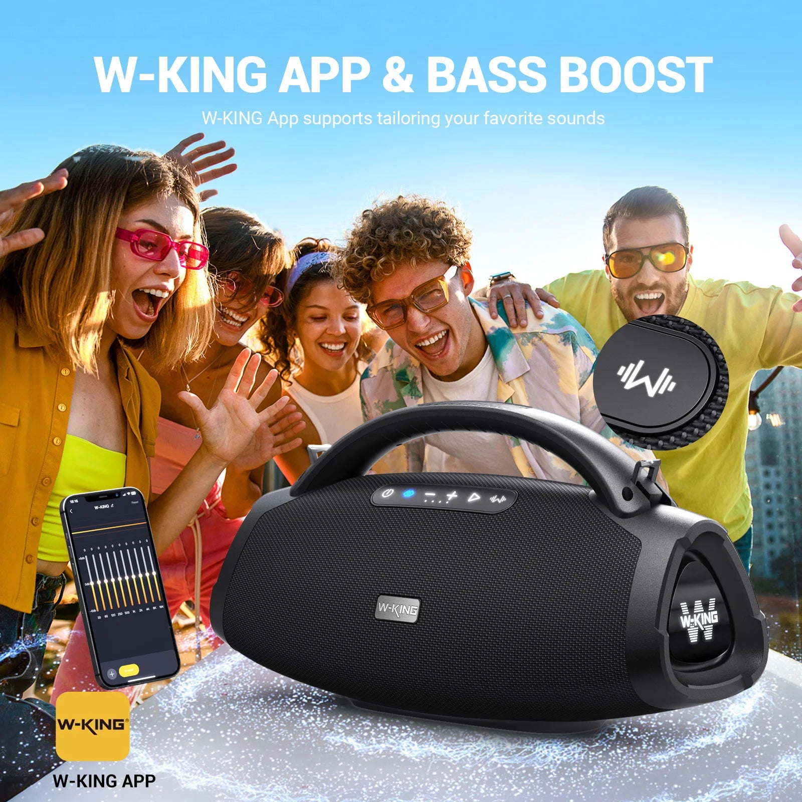 Enceinte Bluetooth portable W-KING 200 W RMS, boombox de fête aux basses puissantes, enceinte étanche IPX7, grande enceinte puissante pour l'extérieur
