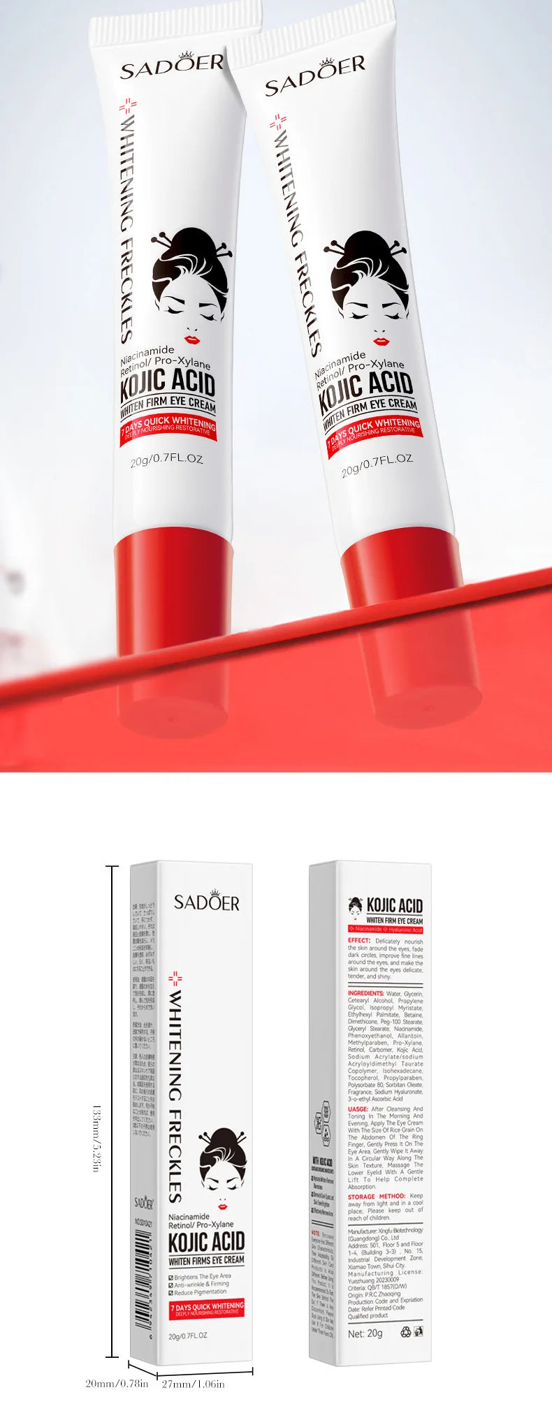 Crema para el contorno de ojos con ácido kójico y retinol de SADOER: antiojeras, elimina bolsas debajo de los ojos, hidrata y reafirma. Productos para el cuidado de la piel del contorno de ojos.