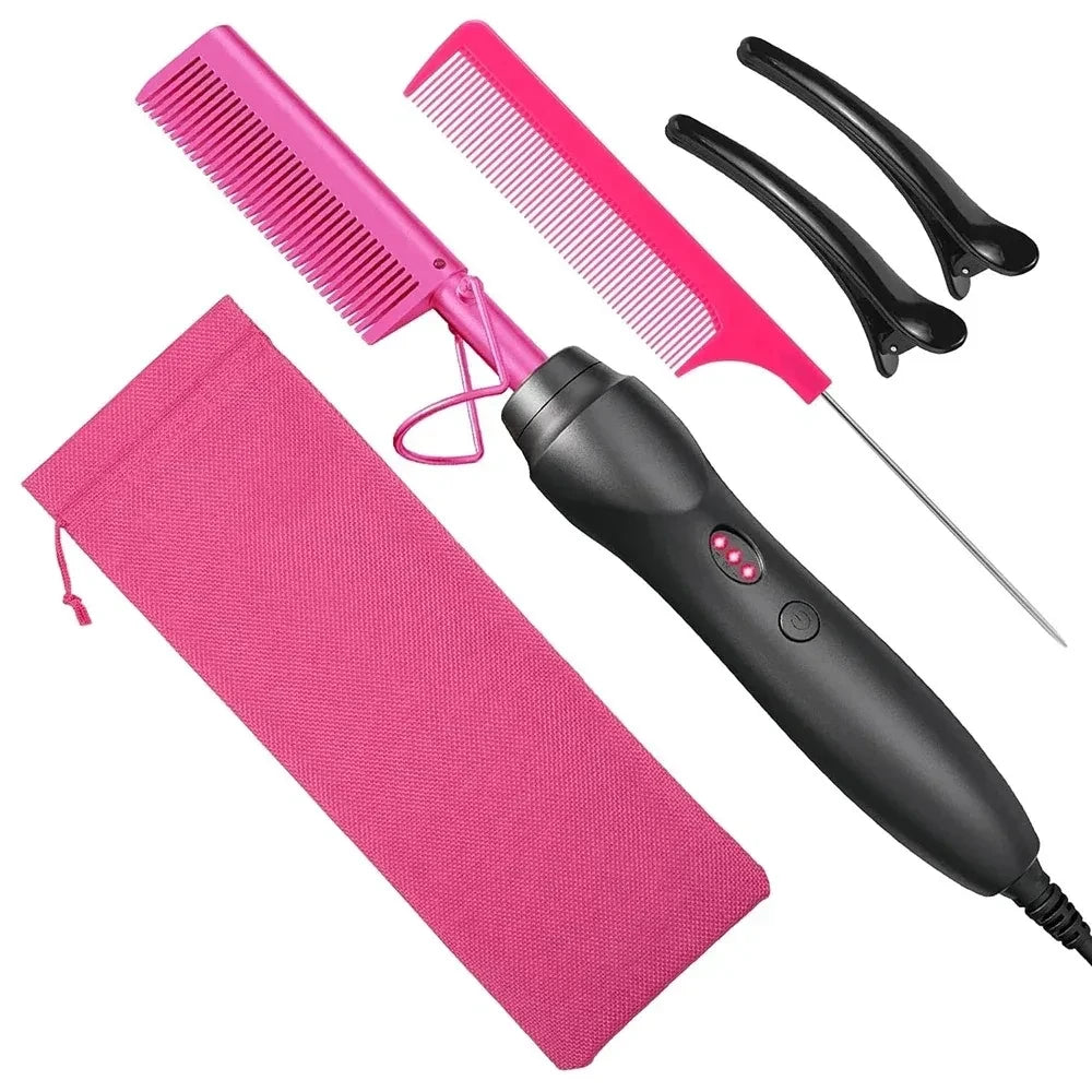 Peigne chauffant électrique rose, fer à lisser pour cheveux, barbe et perruques, utilisable sur cheveux secs ou mouillés.