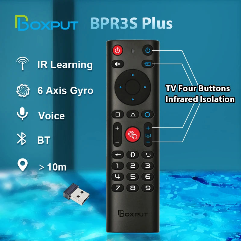 Télécommande sans fil BPR3S PLUS BT Air Mouse avec fonction vocale, apprentissage infrarouge et gyroscope pour boîtier TV Android/PC. Compatible avec les systèmes Android TV et Android TV.