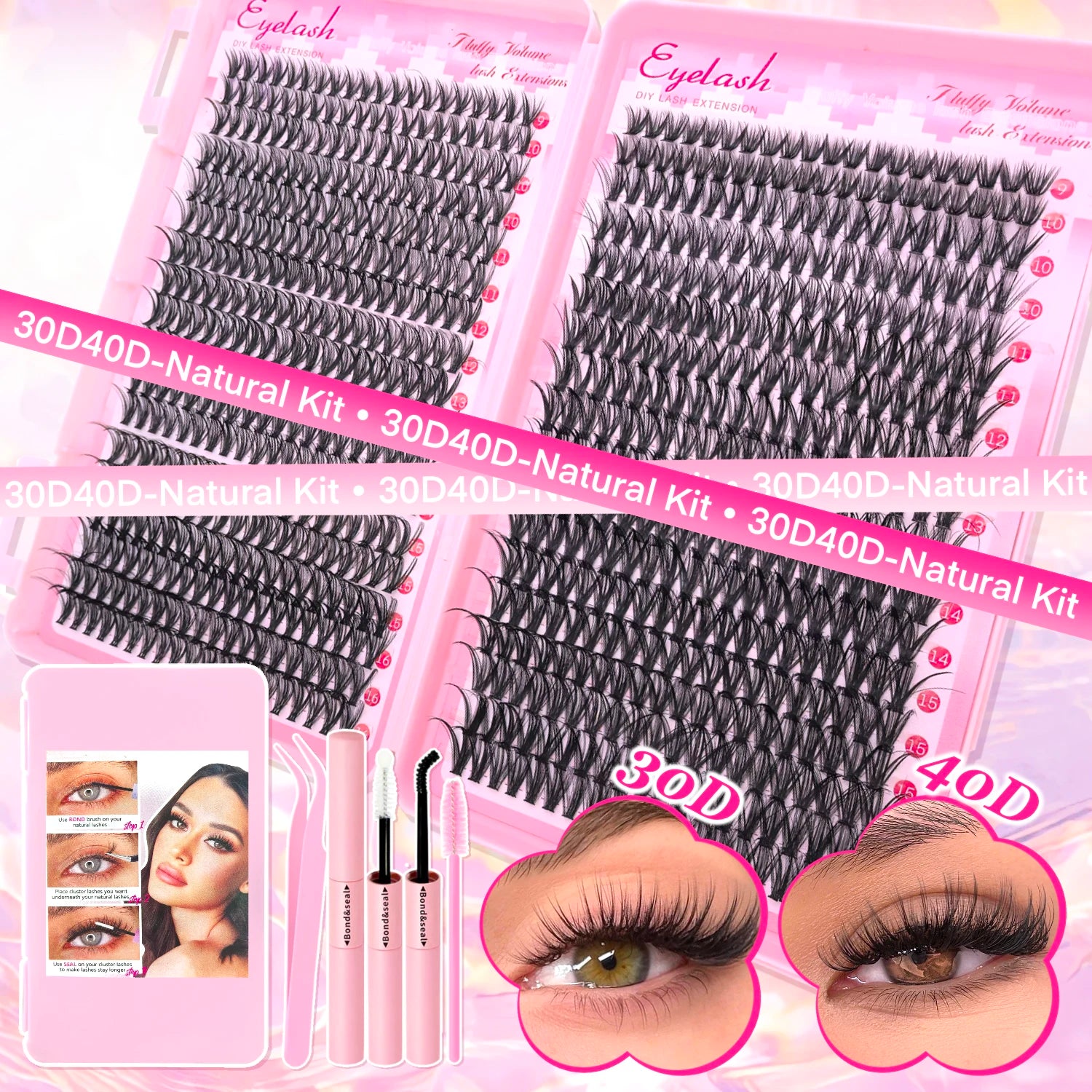 Kit d'extension de cils à faire soi-même : faux cils individuels de 9 à 16 mm avec colle et fixateur, effet naturel et vaporeux.