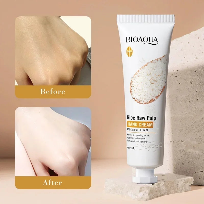 Crema de manos de arroz voluminizadora, rejuvenecedora, nutritiva, hidratante y refrescante. Crema de manos no grasa para el cuidado de las manos. 30 g.