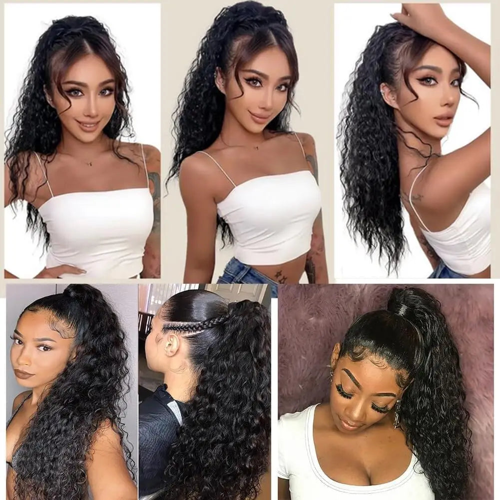 Queue de cheval lisse de 25 à 80 cm, confectionnée à la machine, avec clips magiques, extensions de cheveux humains brésiliens Remy noirs et bouclés.