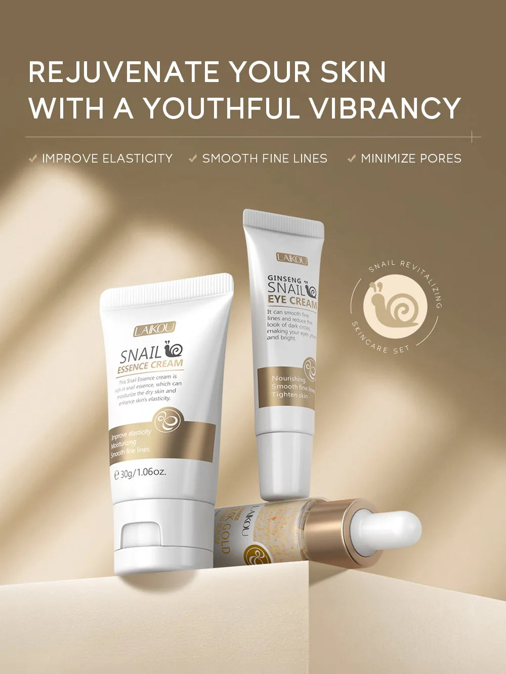 Set de 3 piezas LAIKOU Vitamina C 24K Golden Sakura Kit de cuidado facial Crema facial Sérum Crema para ojos Hidratante Antiarrugas
