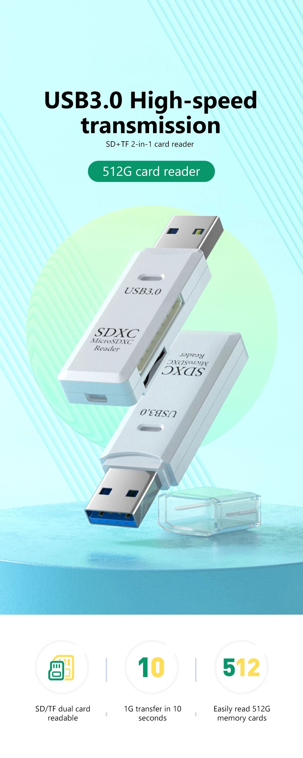 Lecteur de cartes USB 3.0 2 en 1, lecteur de cartes micro TF/SD, adaptateur USB, lecteur de cartes haute vitesse pour cartes mémoire TF, accessoires pour PC et ordinateur portable