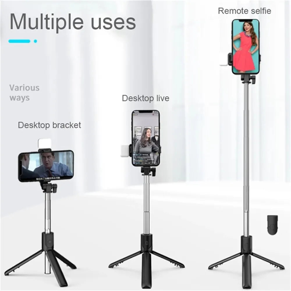 Perche à selfie sans fil avec support de téléphone, mini trépied multifonctionnel rétractable de 74 cm, lampe selfie LED et déclencheur à distance Bluetooth.