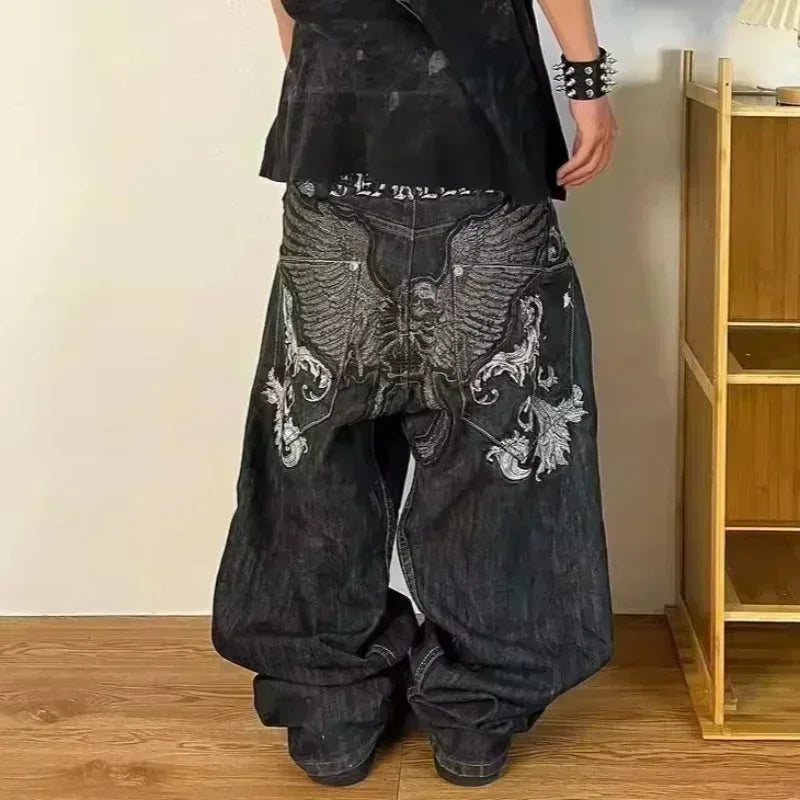 Jean tendance streetwear brodé de têtes de mort pour femme, style Harajuku Y2K, pantalon droit à jambes larges, style Joker, jean décontracté pour couple