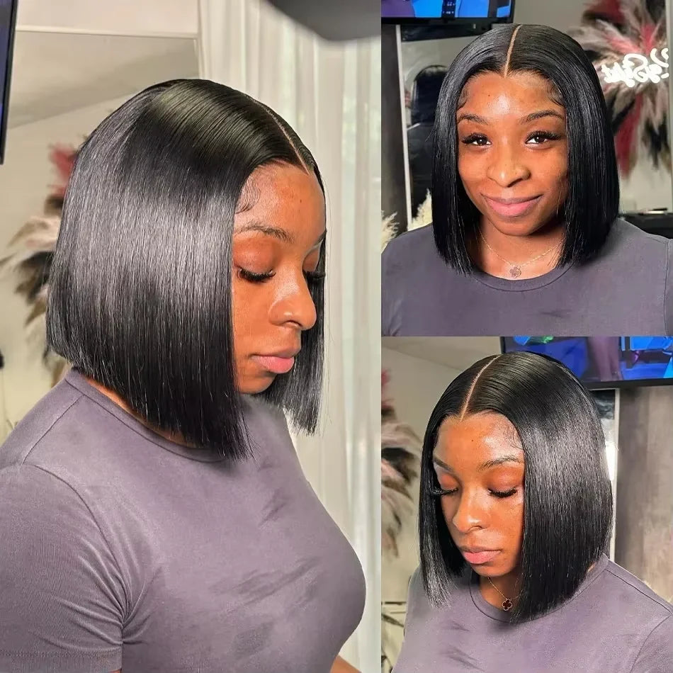Perruque courte et lisse 13x4 avec lace front transparente 4x4, densité 200%, 100% cheveux humains, pré-épilée, pour femmes noires, 12 à 16 pouces.