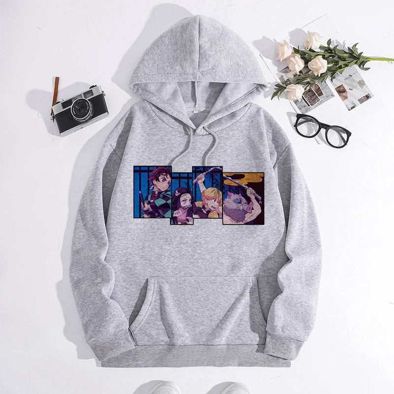 Japanese Anime Demon Slayer Hoodie Unisex Kamado Tanjirou Graphic Sweatshirts Greys Y2k Harajuku Fashion Cartoon Pullover Winter