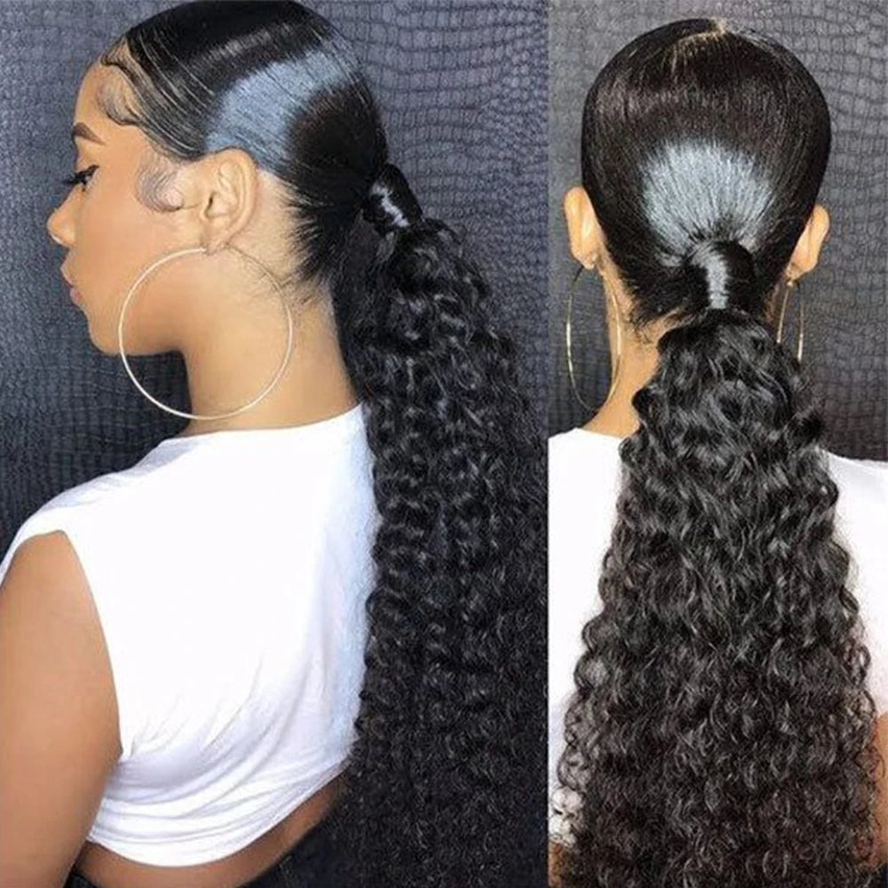 Queue de cheval lisse de 25 à 80 cm, confectionnée à la machine, avec clips magiques, extensions de cheveux humains brésiliens Remy noirs et bouclés.