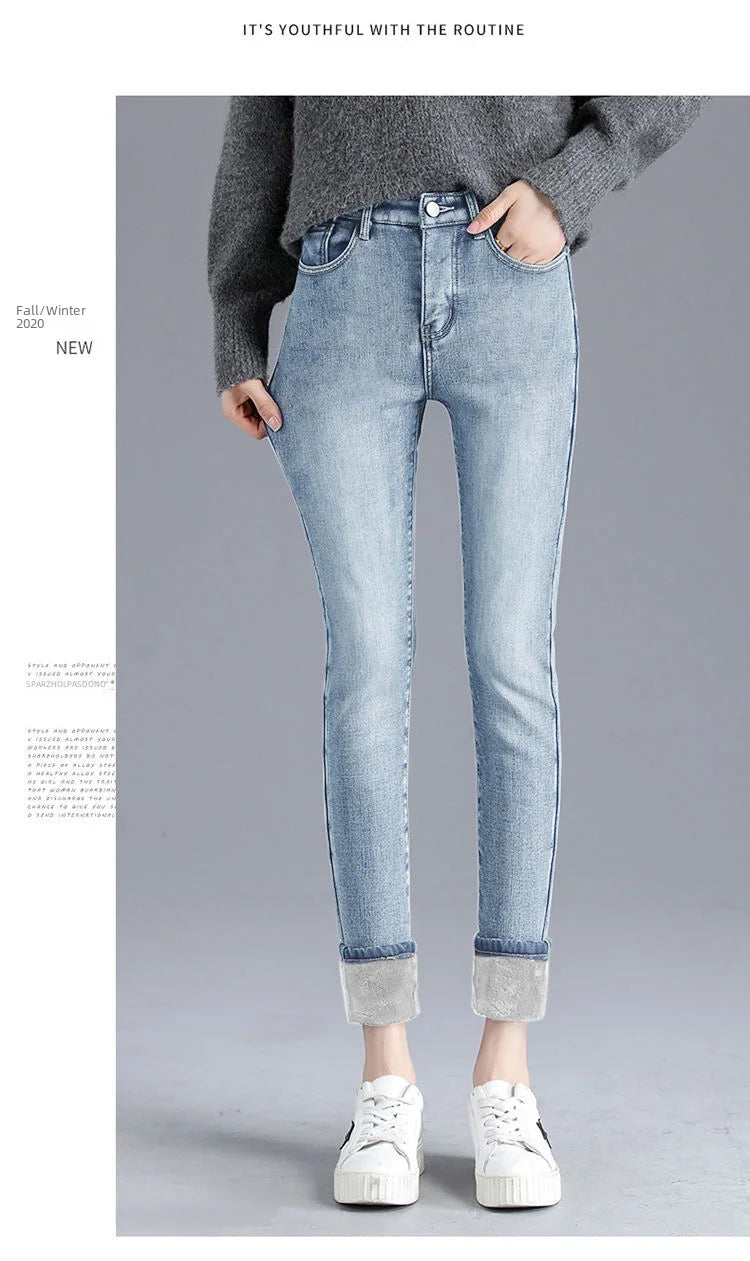 Jean d'hiver épais doublé polaire pour femme, amincissant, chaud et élastique, coupe crayon