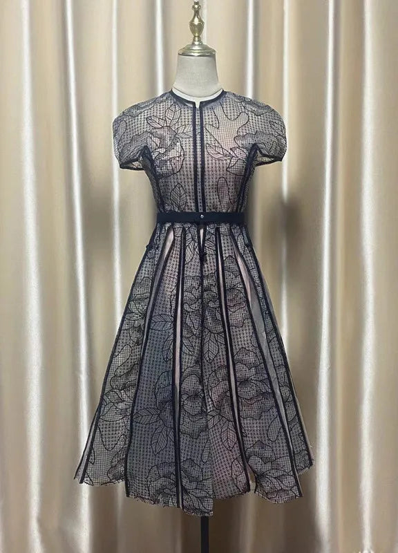 DEAT Elegant Dress O-neck Embroidery Gauze Patchwork A-line Solid Women's Evening Party Dresses 2026 Spring New Fashion 35Z927