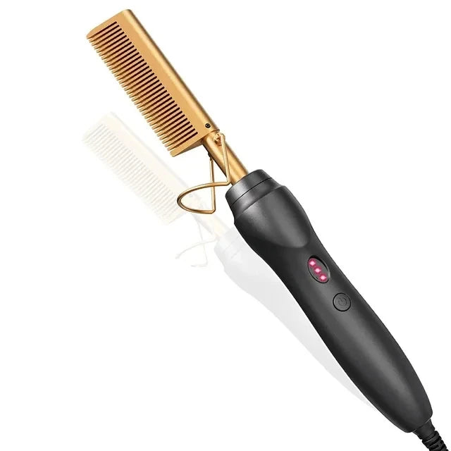 Peigne chauffant électrique rose, fer à lisser pour cheveux, barbe et perruques, utilisable sur cheveux secs ou mouillés.