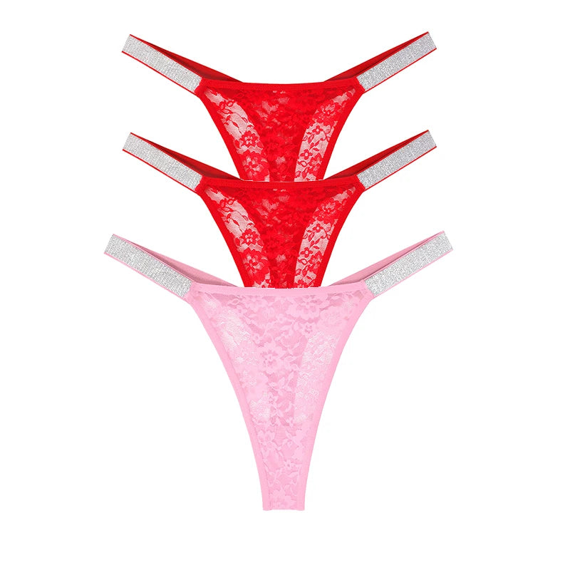 Lot de 3 strings sexy en dentelle pour femme, culottes fleuries transparentes, taille basse, deux ceintures brillantes, string confortable, lingerie intime