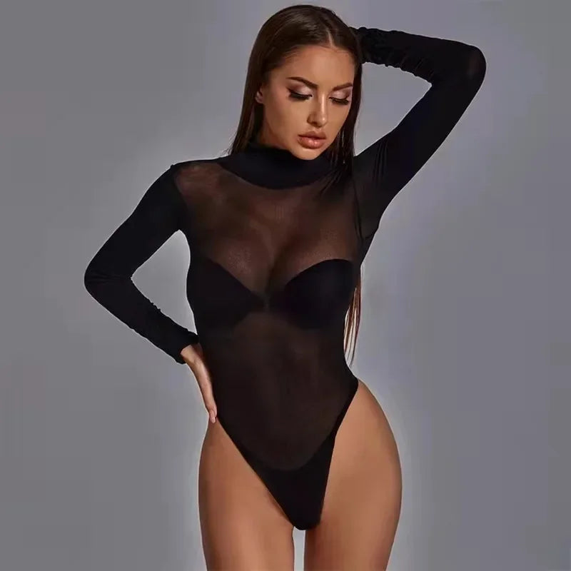 Women Black Long Sleeve Bodycon Body Suits Plus Size One-pieces See Through Bodysuits Sexy Shirts Tops for Woman Club Streetwear