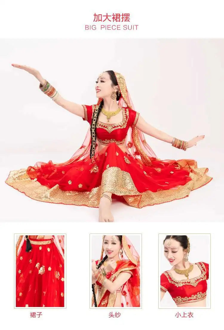 Yiman Exotic Indian Dance Dress Ethnic Style Female Photo Belly Dance Sari Top Big Swing Skirt Lengha Set