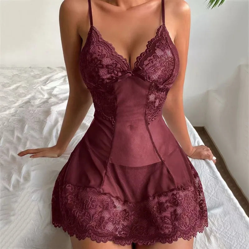 Pyjama femme sexy à nœud en dentelle, pyjamas, mini-robes, grandes tailles, lingerie décolletée, ensemble de pyjama sexy