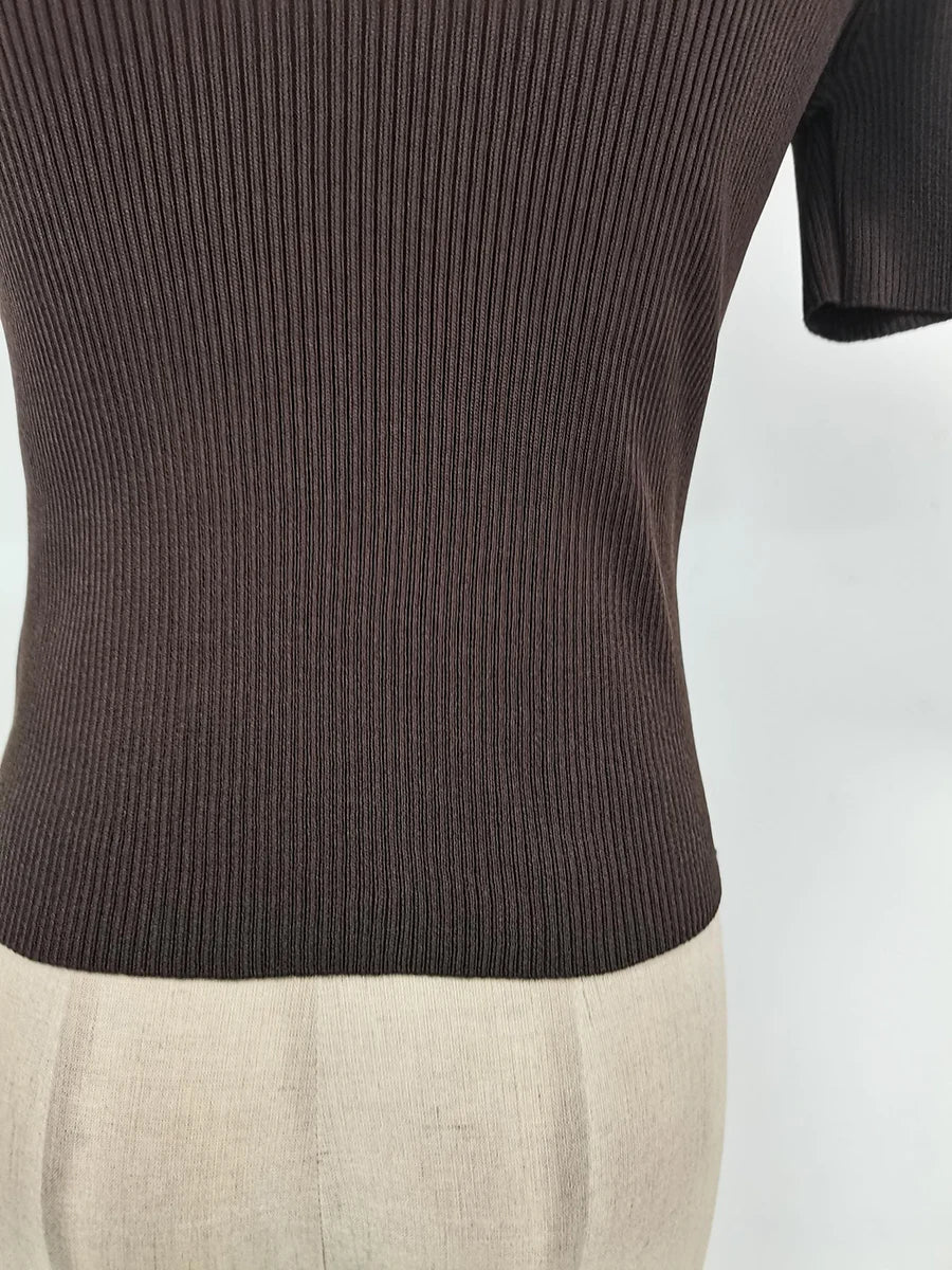 TWOTWINSTYLE Hollow Out Spliced Metal Buckle T Shirts For Women Turtleneck Short Sleeve Minimalist Slimming T Shirt Female 2025