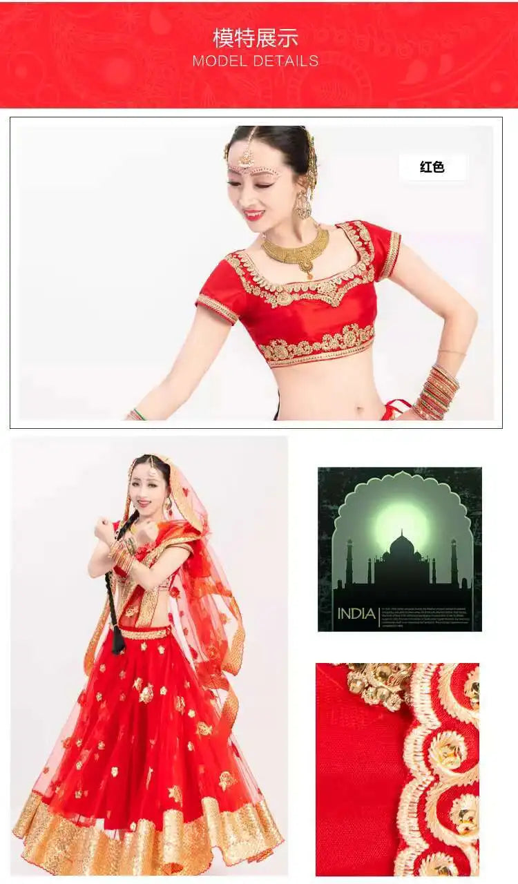 Yiman Exotic Indian Dance Dress Ethnic Style Female Photo Belly Dance Sari Top Big Swing Skirt Lengha Set