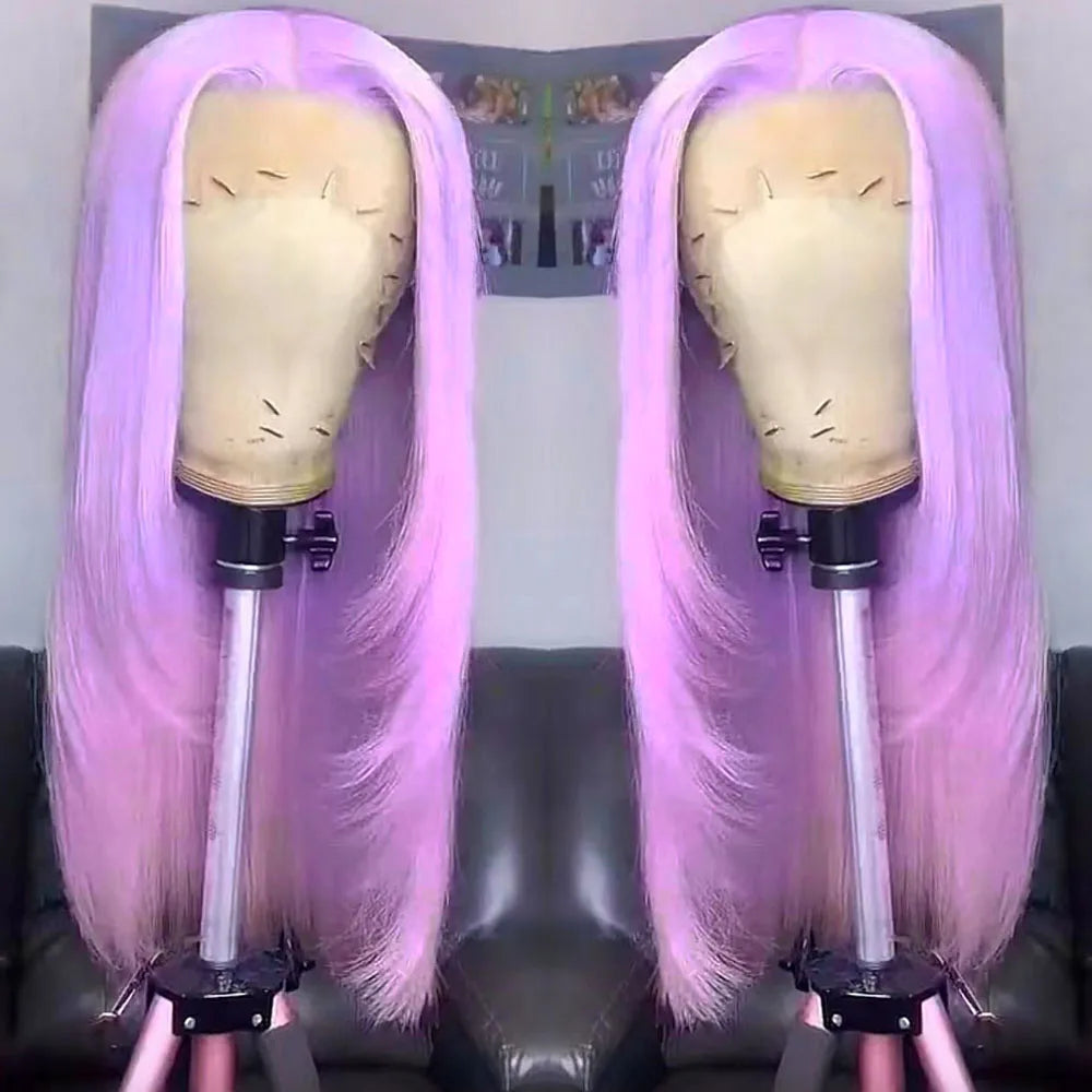 RONGDUOYI Perruque rose dégradée, lisse, avec lace front, cheveux naturels longs et raides, perruque synthétique en fibre chauffante violette pour cosplay