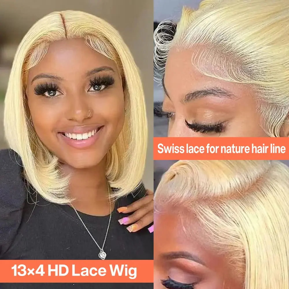 Perruque bob blonde 613, cheveux humains courts et raides, perruque frontale en dentelle HD 13x4, cheveux brésiliens colorés, 100 % cheveux humains, 40 cm (16 pouces), cosplay 200 %