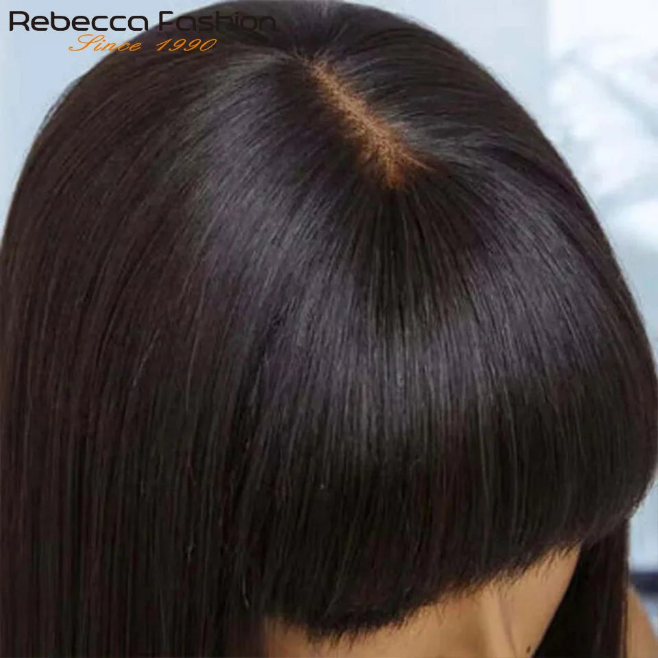 Perruques en cheveux humains lisses avec frange, raie au milieu, coupe au carré, style brésilien, effet cuir chevelu réaliste.