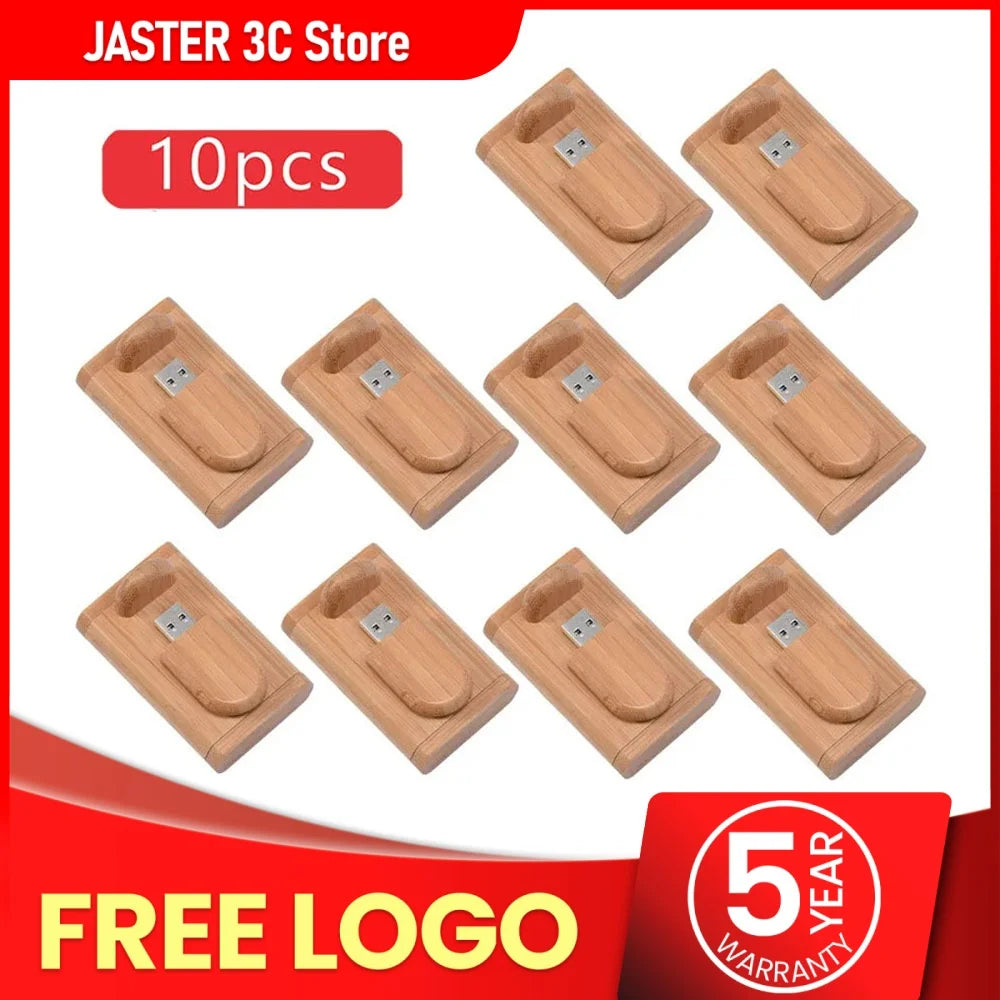 JASTER Lot de 10 clés USB 2.0 en bois (logo personnalisable) - 4 Go, 8 Go, 16 Go, 32 Go, 64 Go, 128 Go - Cadeau de mariage