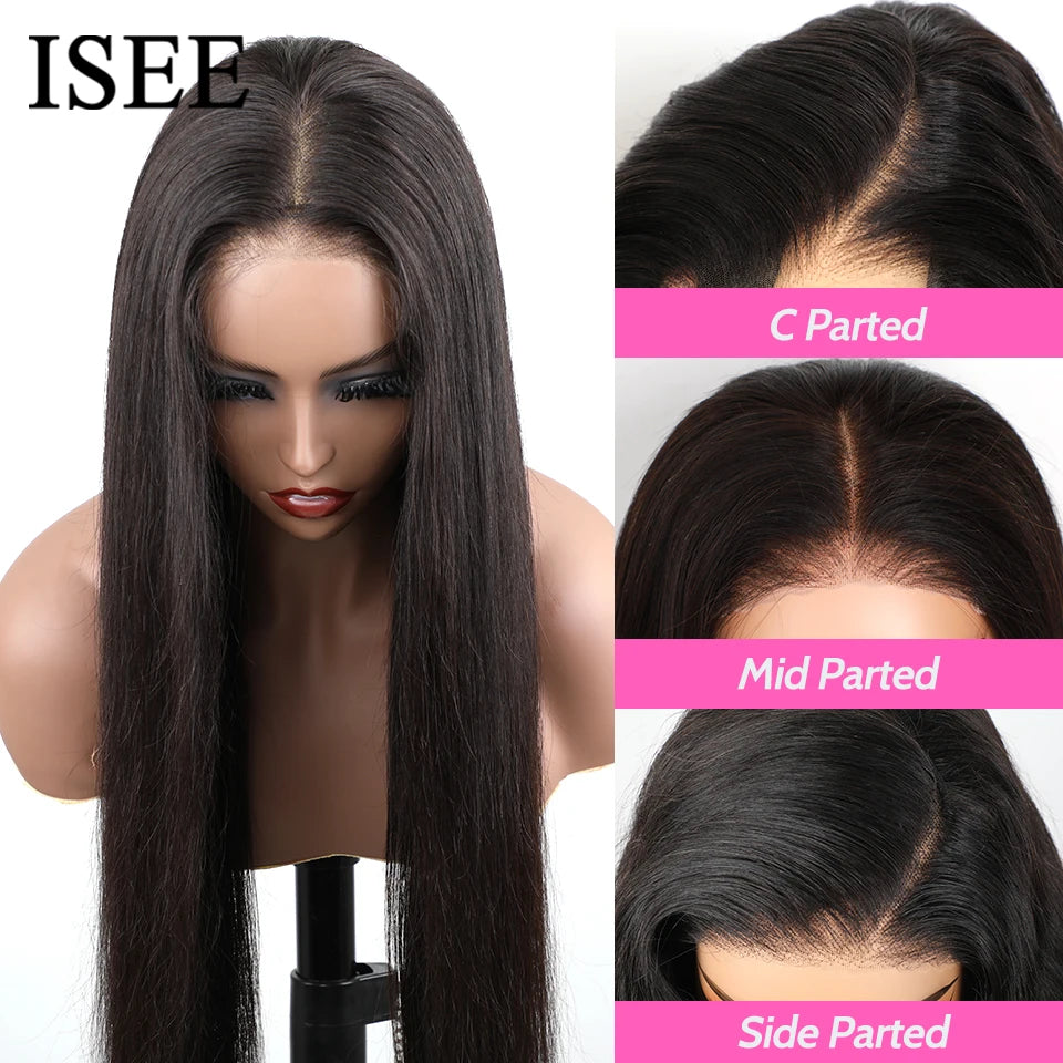 Perruques ISEE Hair sans colle, cheveux humains, prêtes à porter, lisses, pré-épilées, faciles à porter, avec lace front 7x5HD et dentelle prédécoupée.