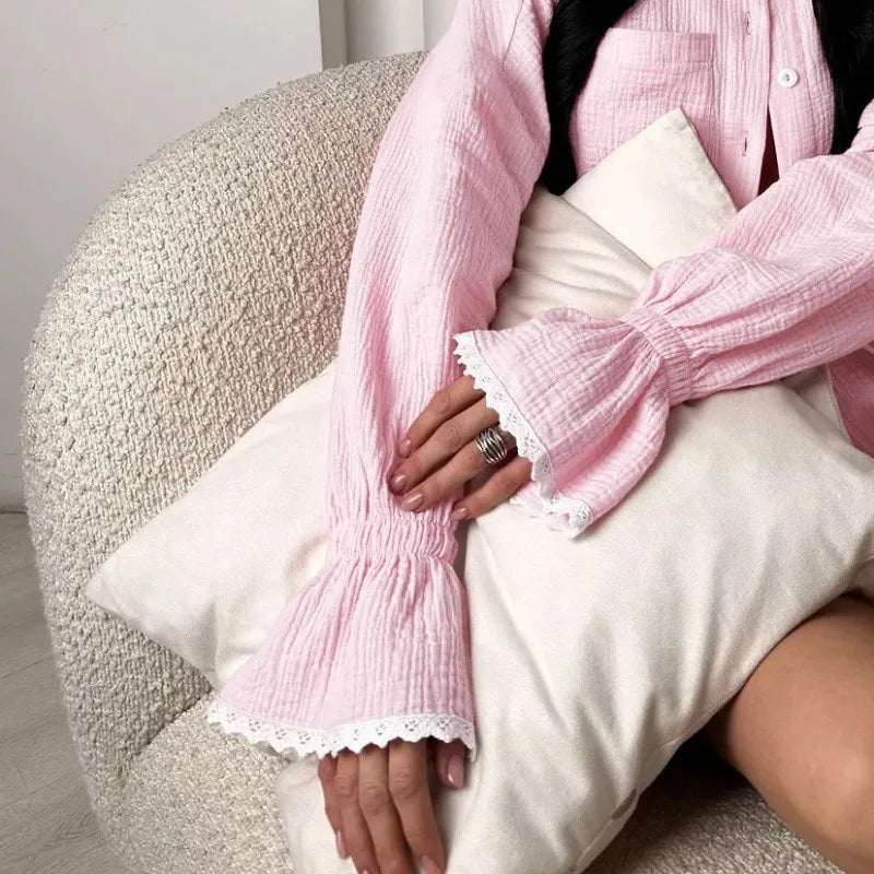 Ensemble pyjama en coton pour femme, automne, chemise à manches longues et short, ensemble 2 pièces, vêtements de nuit décontractés à volants.
