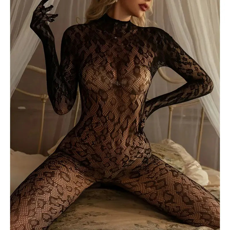 Combinaison léopard, haut résille, pantalon une pièce ajouré, lingerie grande taille, bas résille sexy, combinaison noire