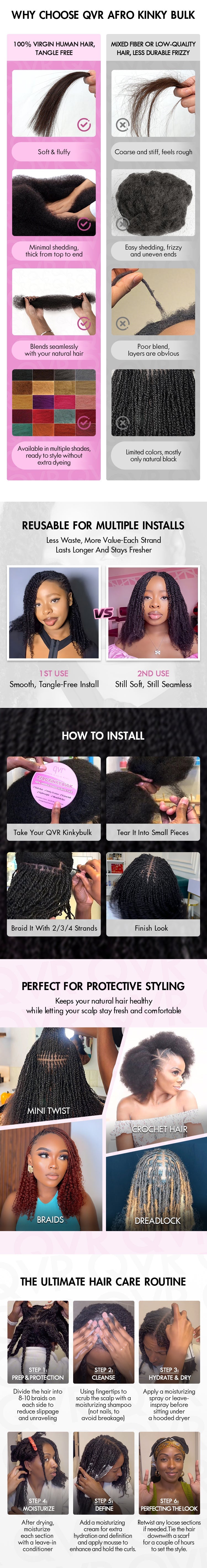 Cheveux Black Pearl Top QVR péruviens crépus bouclés mini twist 50 g/pièce, cheveux humains crépus afro en vrac pour tresses, 100 % cheveux Remy.