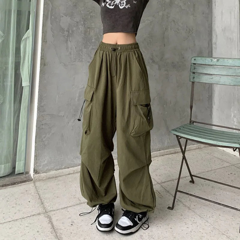 Pantalon cargo ample et décontracté pour femme, taille basse, style jogging, pantalon technique à cordon de serrage, jambes larges, style streetwear Y2K