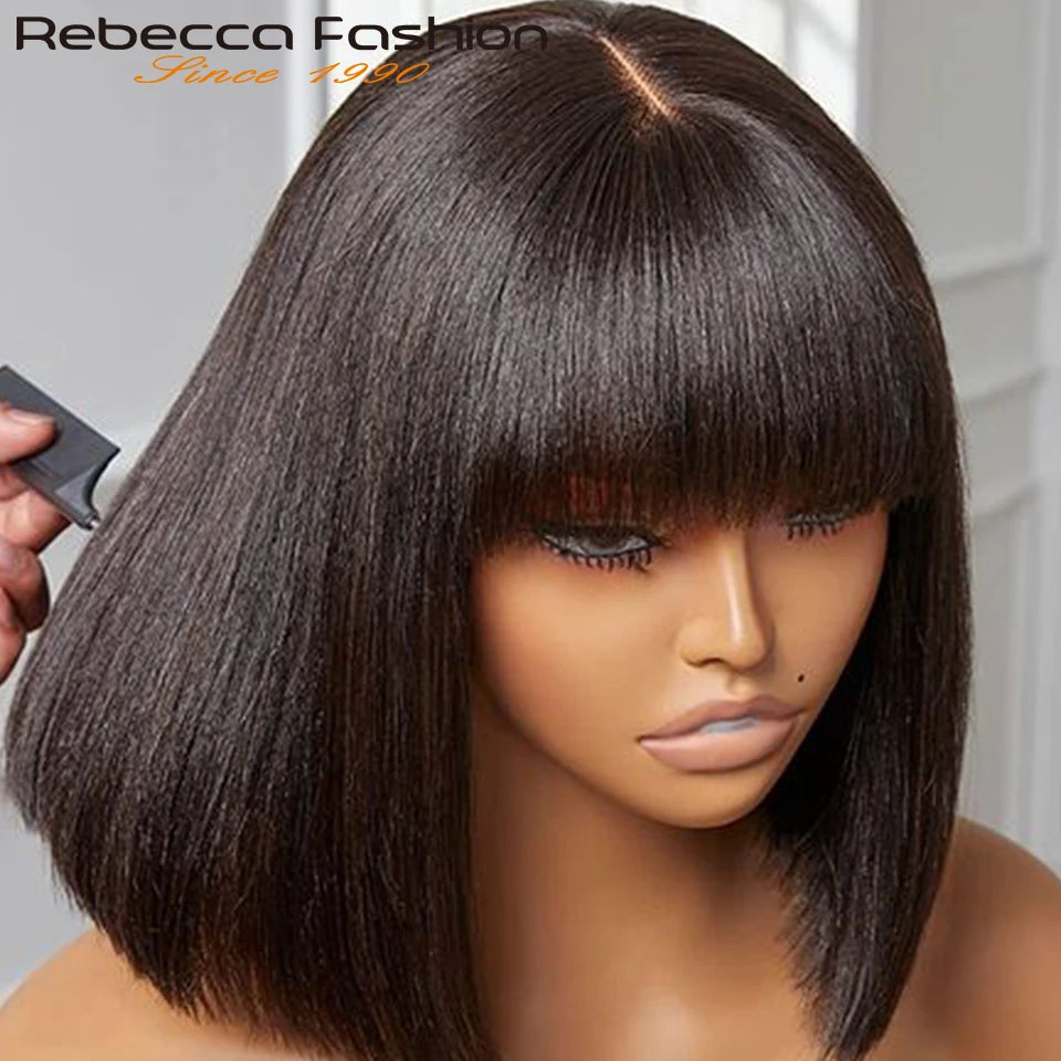 Perruques en cheveux humains lisses avec frange, raie au milieu, coupe au carré, style brésilien, effet cuir chevelu réaliste.