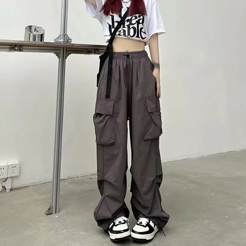 Pantalon cargo ample et décontracté pour femme, taille basse, style jogging, pantalon technique à cordon de serrage, jambes larges, style streetwear Y2K