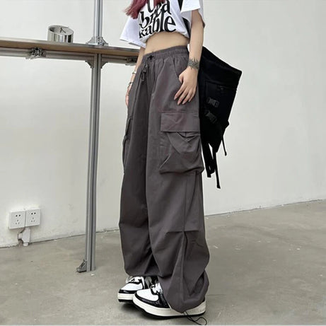 Pantalon cargo ample et décontracté pour femme, taille basse, style jogging, pantalon technique à cordon de serrage, jambes larges, style streetwear Y2K