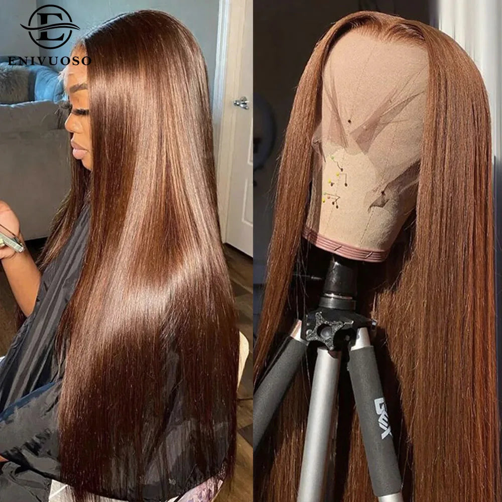 Perruque synthétique longue et lisse avec lace front 13x4 et baby hair, couleur chocolat, soyeuse et lisse, pour femmes.