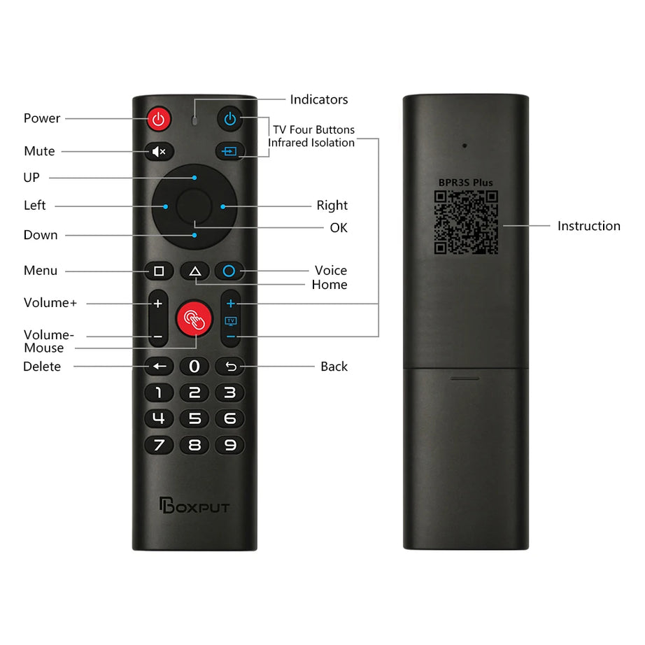 Télécommande sans fil BPR3S PLUS BT Air Mouse avec fonction vocale, apprentissage infrarouge et gyroscope pour boîtier TV Android/PC. Compatible avec les systèmes Android TV et Android TV.