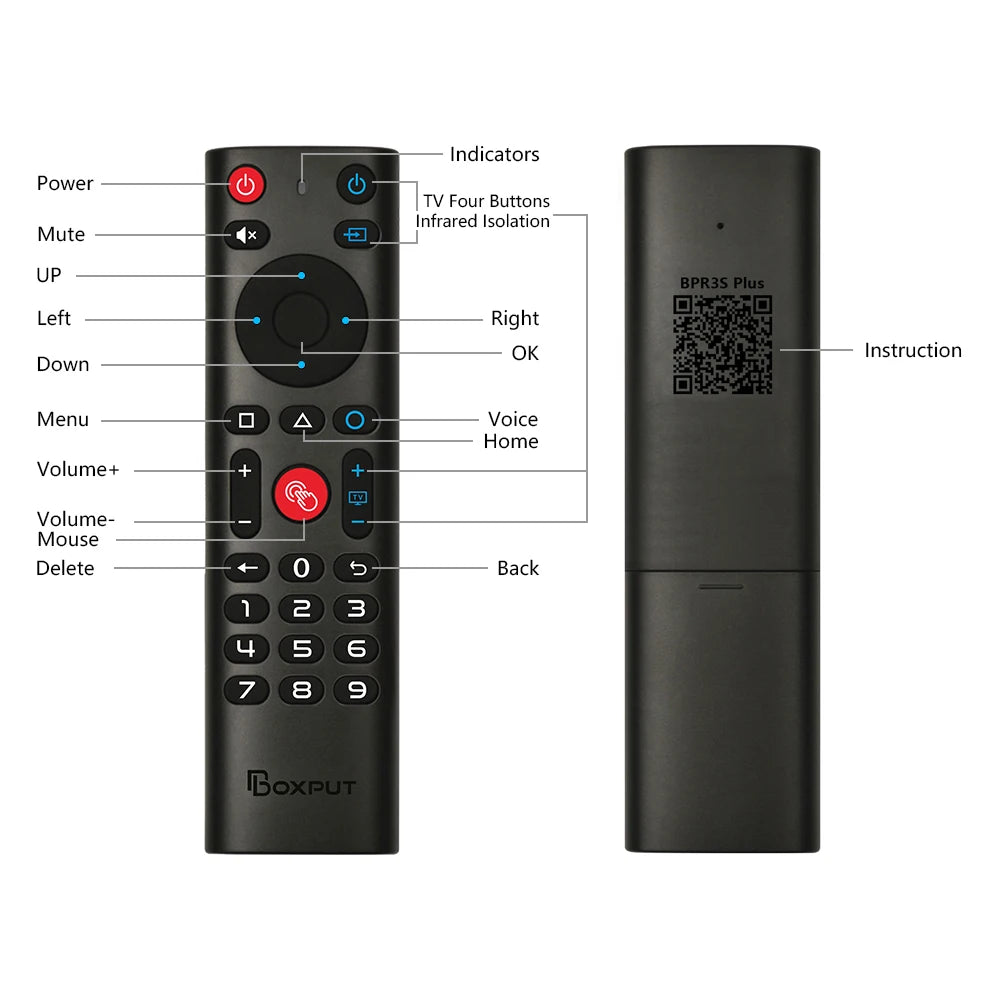 Télécommande sans fil BPR3S PLUS BT Air Mouse avec fonction vocale, apprentissage infrarouge et gyroscope pour boîtier TV Android/PC. Compatible avec les systèmes Android TV et Android TV.