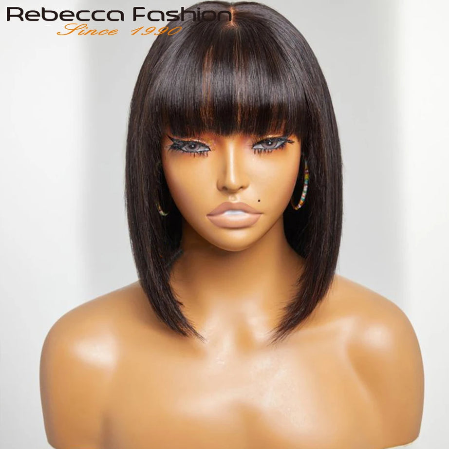 Perruques en cheveux humains lisses avec frange, raie au milieu, coupe au carré, style brésilien, effet cuir chevelu réaliste.