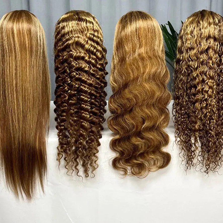 Perruque ondulée en cheveux humains, perruque en dentelle, blond miel, raie en T, perruque brésilienne Remy, 27/04