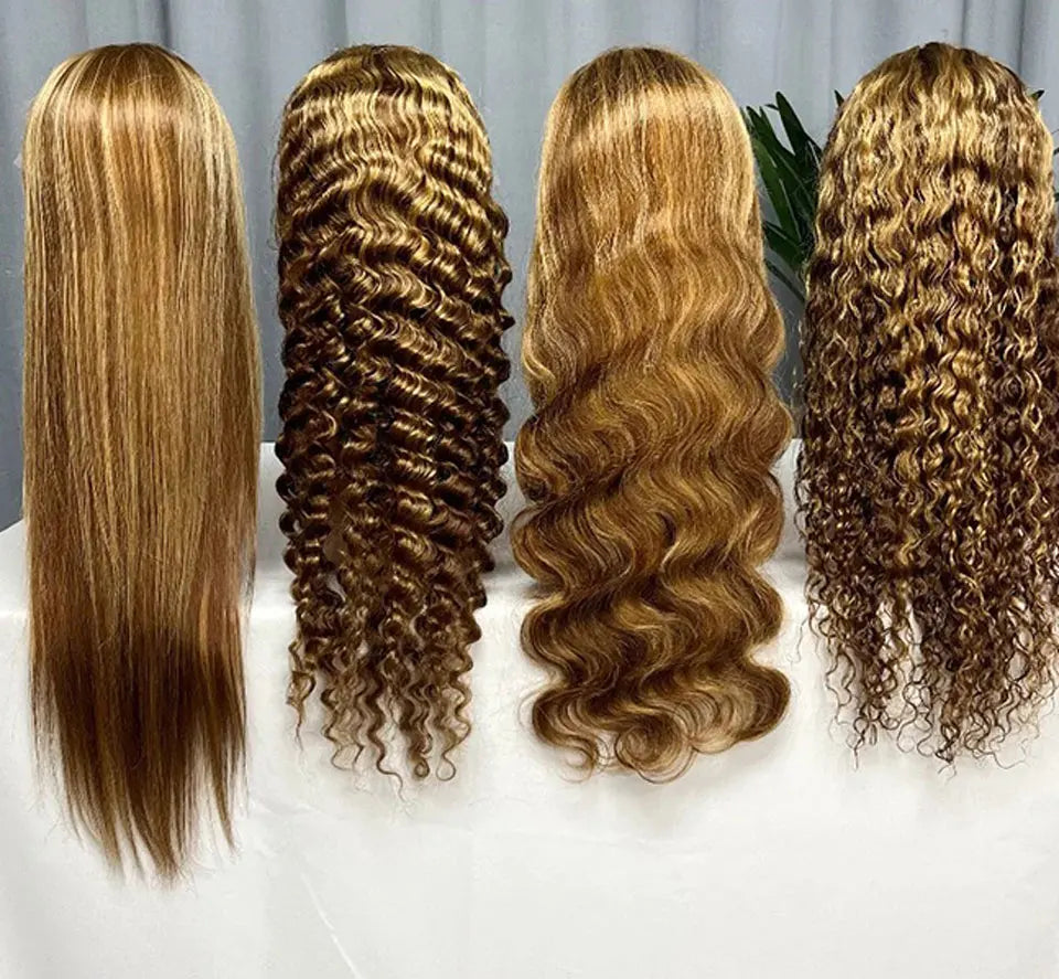 Perruque ondulée en cheveux humains, perruque en dentelle, blond miel, raie en T, perruque brésilienne Remy, 27/04