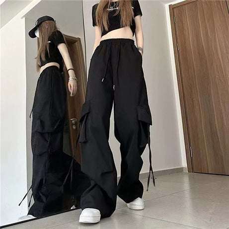 Pantalon cargo femme Y2K taille haute streetwear hip-hop grandes poches, pantalon de survêtement ample à cordon de serrage taille basse décontracté