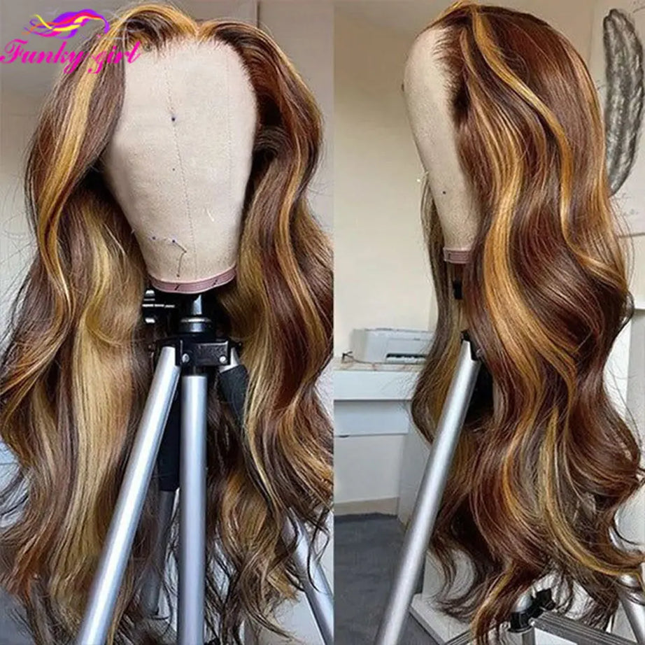 Perruque ondulée en cheveux humains, perruque en dentelle, blond miel, raie en T, perruque brésilienne Remy, 27/04