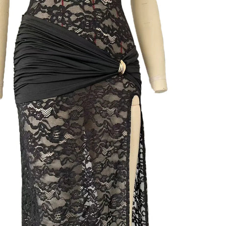 Women Sexy Lace Long Dress Hollow Out Sleeveless High Slit Evening Party Club Dress Vintage Casual Bodycon See Through Vestidos